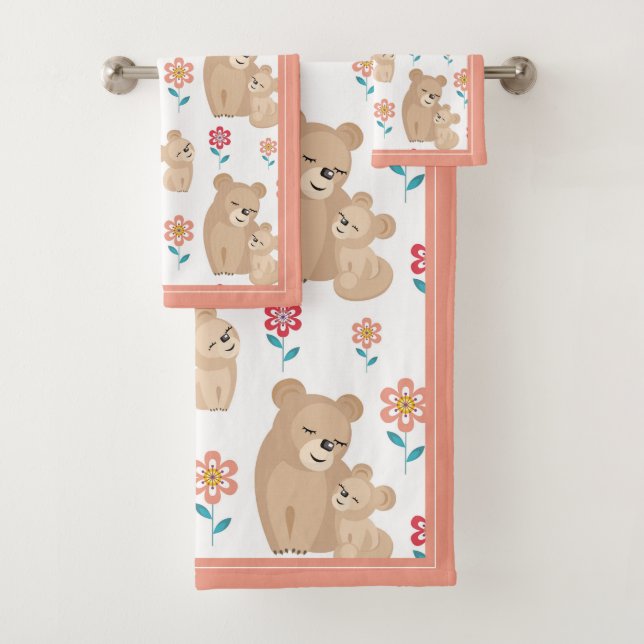Cute lioness mother with baby, border Mother's day Bath Towel Set (Insitu)