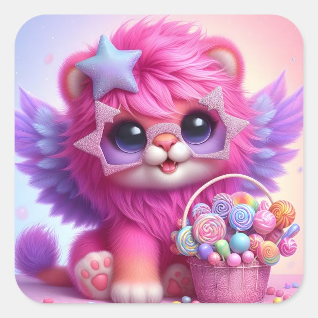 Cute Lioness with Wings & candy Basket Square Sticker (Front)