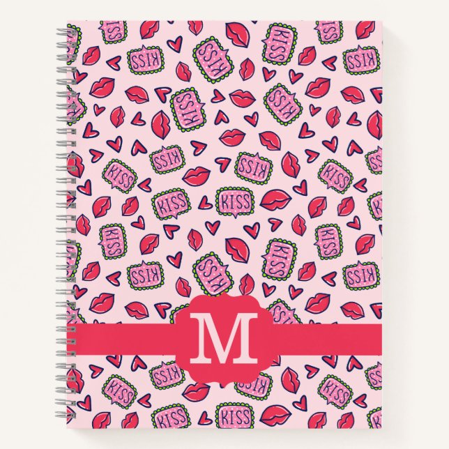 Cute Lips Kisses & Heart Doodles Pattern Monogram Notebook (Front)