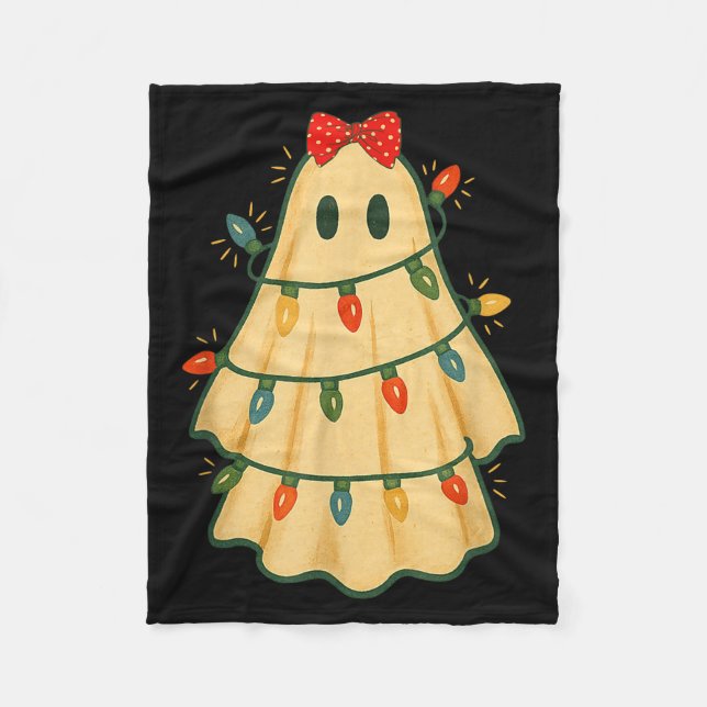 Cute Lit Ghost Christmas Tree Funny Gift Halloween Fleece Blanket (Front)