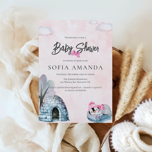 Cute Litle Penguins Watercolor Pink Baby Shower Invitation (Creator Uploaded)