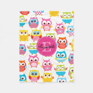Cute Litte Owls Monogrammed Fleece Blanket