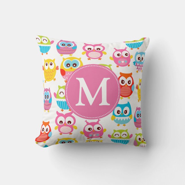 Cute Litte Owls Monogrammed Throw Pillow (Front)