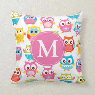 Cute Litte Owls Monogrammed Throw Pillow