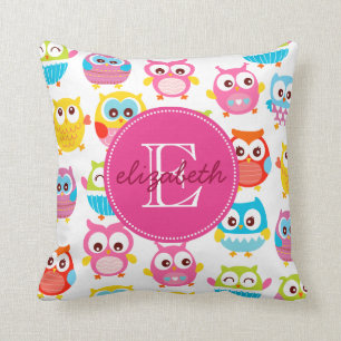 Cute Litte Owls Monogrammed Throw Pillow