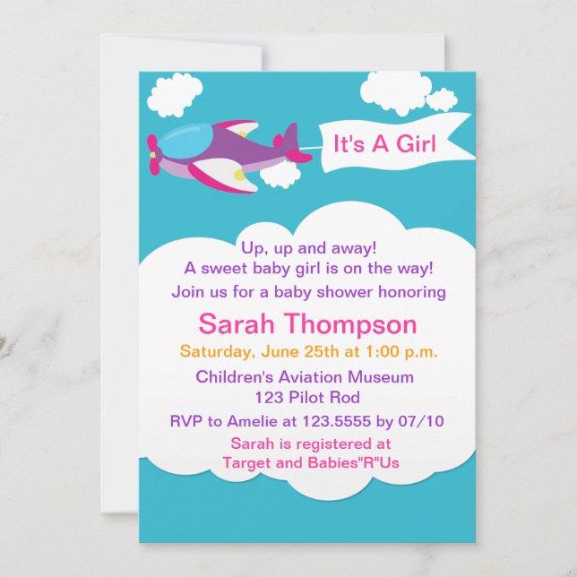 Cute Little Airplane Girl Baby Shower Invitation (Front)