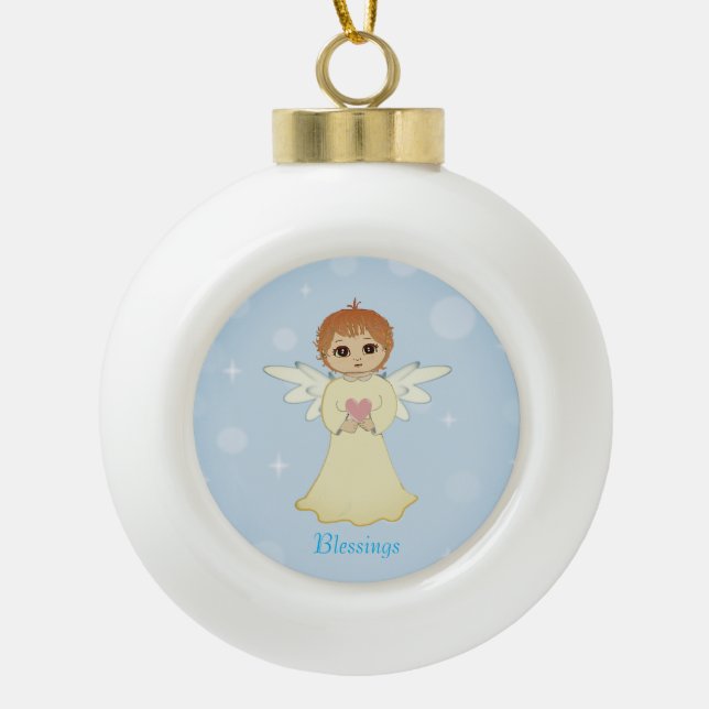 Cute little angel & calligraphy on light blue ceramic ball christmas ornament (Front)