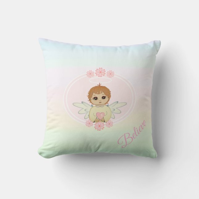 Cute Little Angel & Heart Flowers on Pastel Shades Throw Pillow (Front)