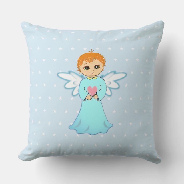 Cute little angel in turquoise holding a heart throw pillow (Front)