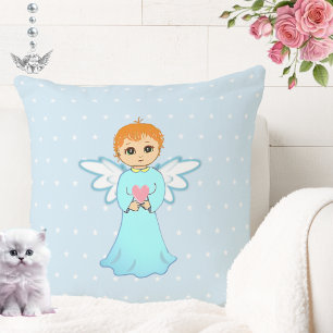 Cute little angel in turquoise holding a heart throw pillow