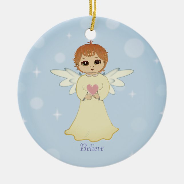 Cute little angel on light blue ceramic ornament (Front)