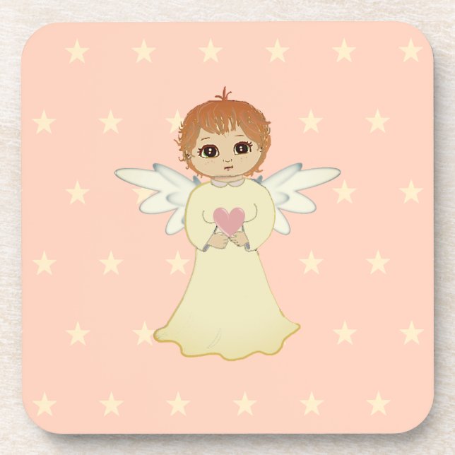 Cute Little Angel on Light Coral Pink Coaster (Front)