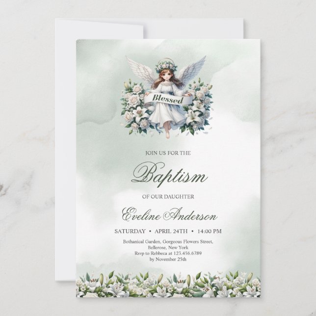 Cute little angel with ribbon Blesses Baptism Invitation (Front)