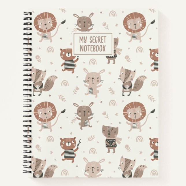 Cute little animals in earth tones with name notebook (Front)