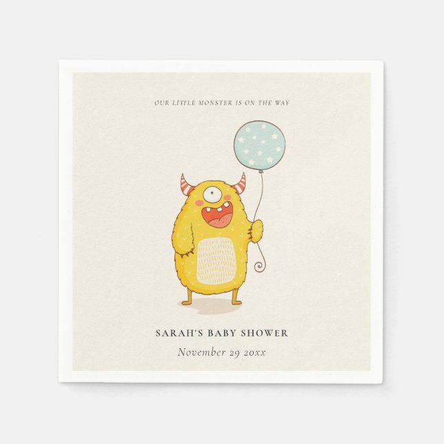 Cute Little Aqua Yellow Monster Baby Shower Invite Napkin (Front)