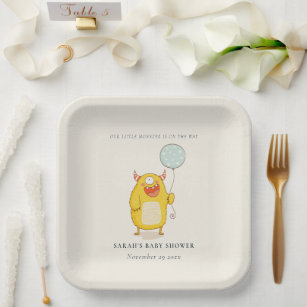 Cute Little Aqua Yellow Monster Baby Shower Invite Paper Plate