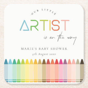 Cute Little Artist Crayon Fun Rainbow Baby Shower Square Paper Coaster