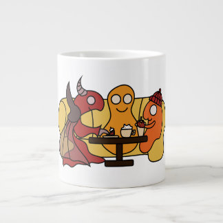 Cute little autumn monsters having a coffee large coffee mug