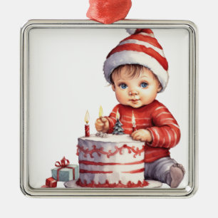 CUTE LITTLE BABY DRESSED IN RED WITH CAKE METAL ORNAMENT
