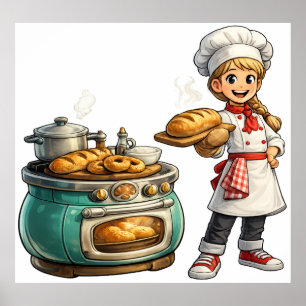 Cute Little Baker Girl with Fresh Bread Art Poster