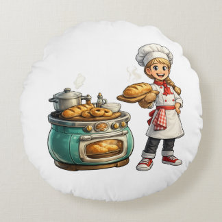 Cute Little Baker Girl with Fresh Bread Art Round Pillow