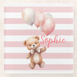 Cute Little Bear in Pink Glass Coaster