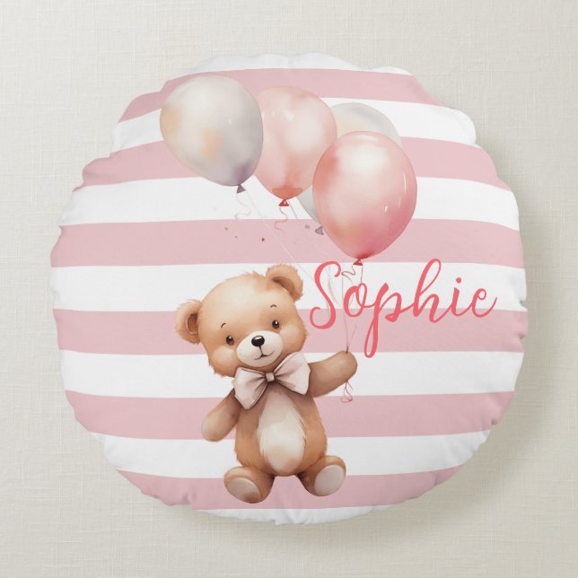 Cute Little Bear in Pink Round Pillow (Front)