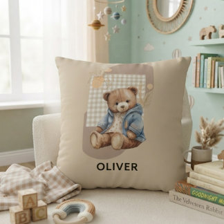 Cute Little Bear Personalized Baby Boy Name Throw Pillow