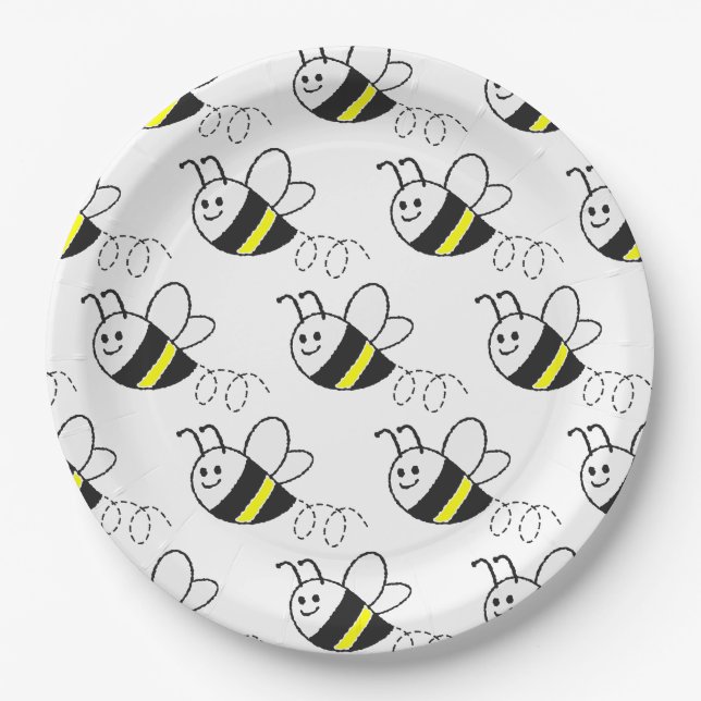 Cute Little Bee Pattern White Baby Shower Paper Plate (Front)