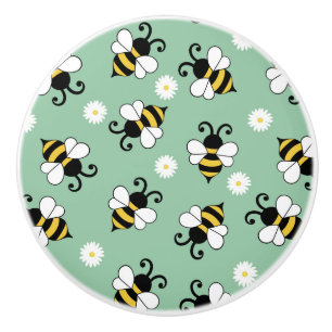 Cute little bees and daisy flowers pattern  ceramic knob