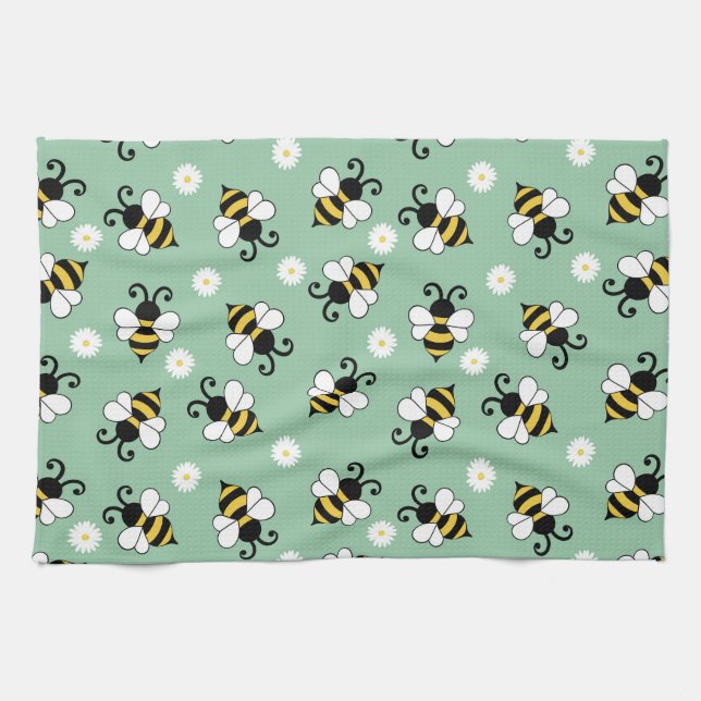 Cute little bees and daisy flowers pattern kitchen towel (Horizontal)