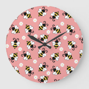 Cute little bees and daisy flowers pattern large clock