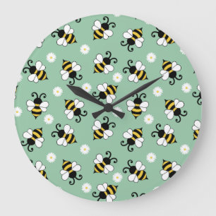 Cute little bees and daisy flowers pattern large clock