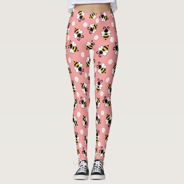 Cute little bees and daisy flowers pattern  leggings (Front)