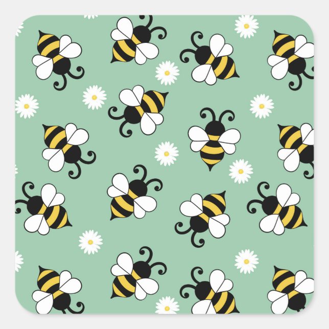 Cute little bees and daisy flowers pattern square sticker (Front)