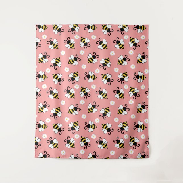 Cute little bees and daisy flowers pattern tapestry (Front)