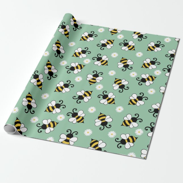 Cute little bees and daisy flowers pattern wrapping paper (Unrolled)
