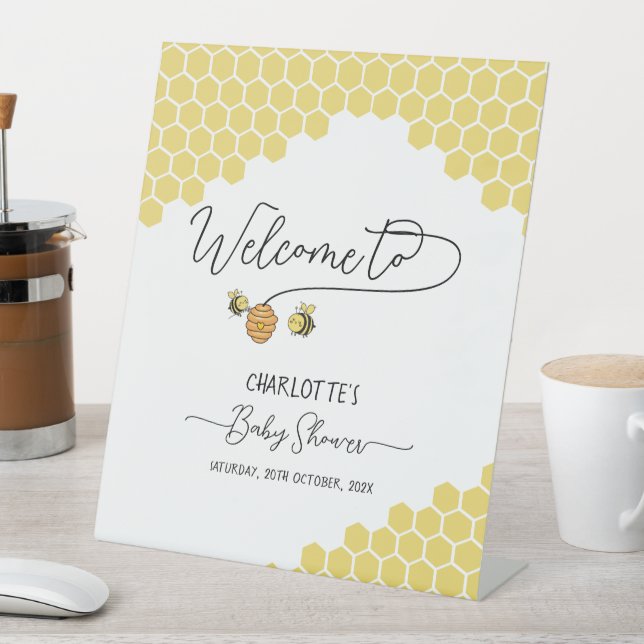 Cute Little Bees Honeycomb Baby Shower Welcome Pedestal Sign (In SItu)