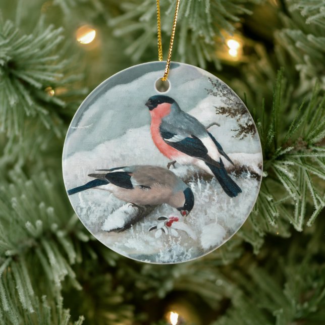 Cute little bird- Bullfinch, Art Ceramic Ornament (Tree)