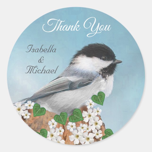 Cute little bird & flowers Thank You Classic Round Sticker (Front)