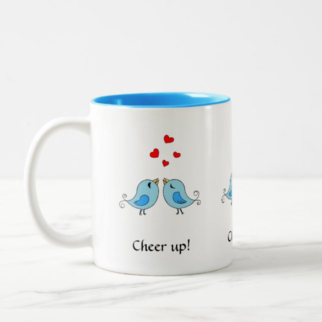 Cute little birdies, hearts & calligraphy Two-Tone coffee mug (Left)