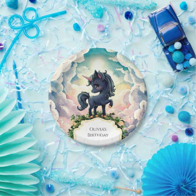 Cute Little Black Unicorn Birthday Paper Plate (Party)
