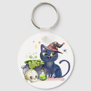 Cute little black witch cat with a cauldron tote keychain