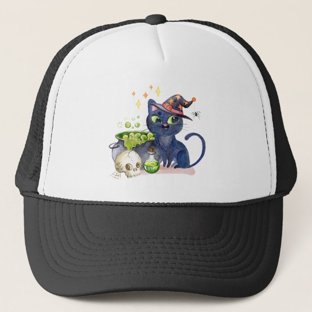 Cute little black witch cat with a cauldron trucker hat (Front)