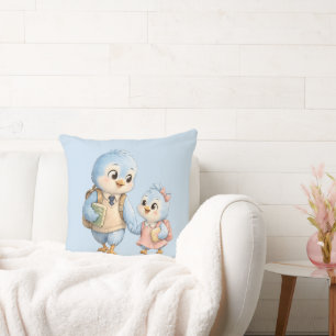 Cute Little Blue Bird Family Throw Pillow