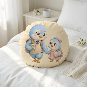 Cute Little Blue Bird Siblings Round Throw Pillow