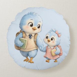 Cute Little Blue Bird Siblings Round Throw Pillow