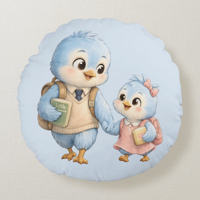 Cute Little Blue Bird Siblings Round Throw Pillow (Front)