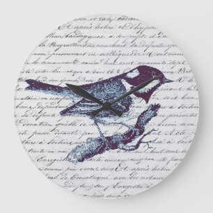 Cute Little Blue Bird Vintage French Script Large Clock