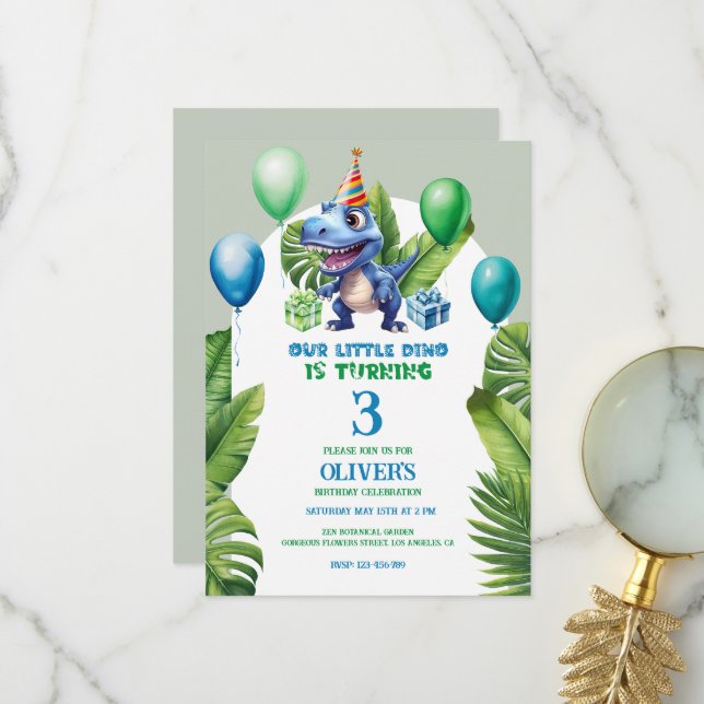Cute Little Blue Birthday Dino Tropical Frame Thank You Card (Front/Back In Situ)